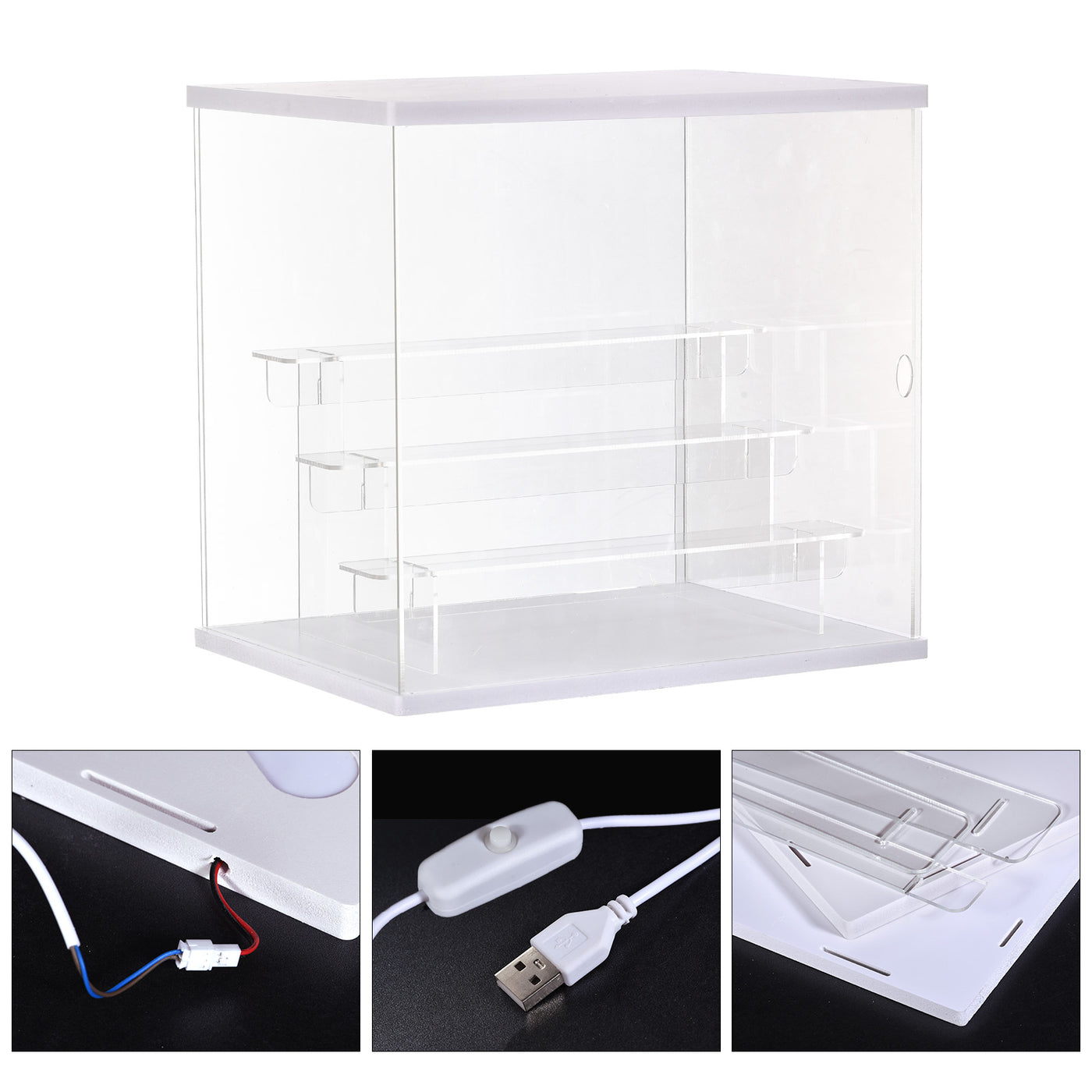 Harfington Clear Acrylic Display Case with LED Light 3 Tier Dustproof Assemble Cube Display Boxes Stand for Collectibles, Action Figures (12.6x9.45x11.81)White