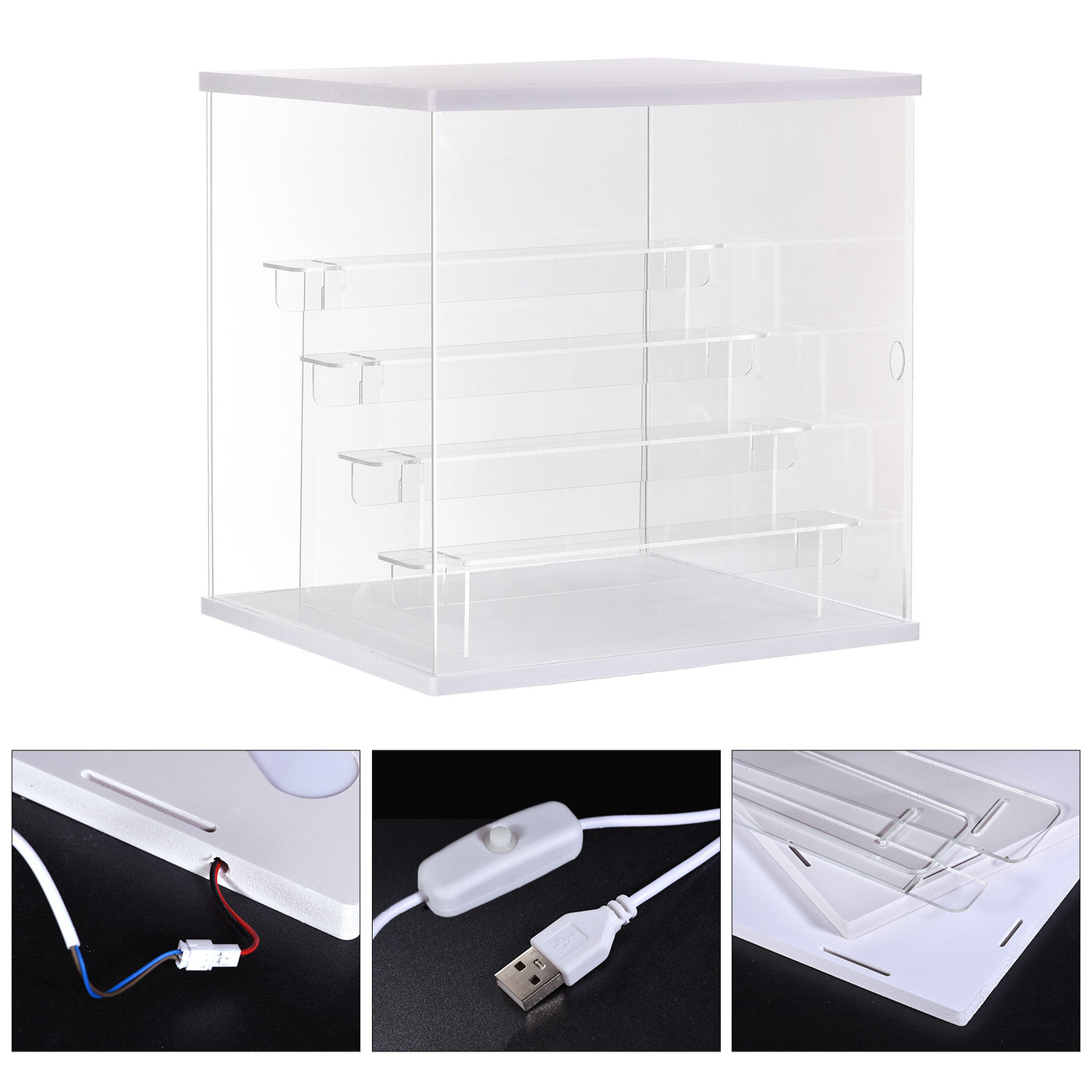 Harfington Clear Acrylic Display Case with LED Light 4 Tier Dustproof Assemble Cube Display Boxes Stand for Collectibles, Action Figures (12.6x11.81x12.6)White