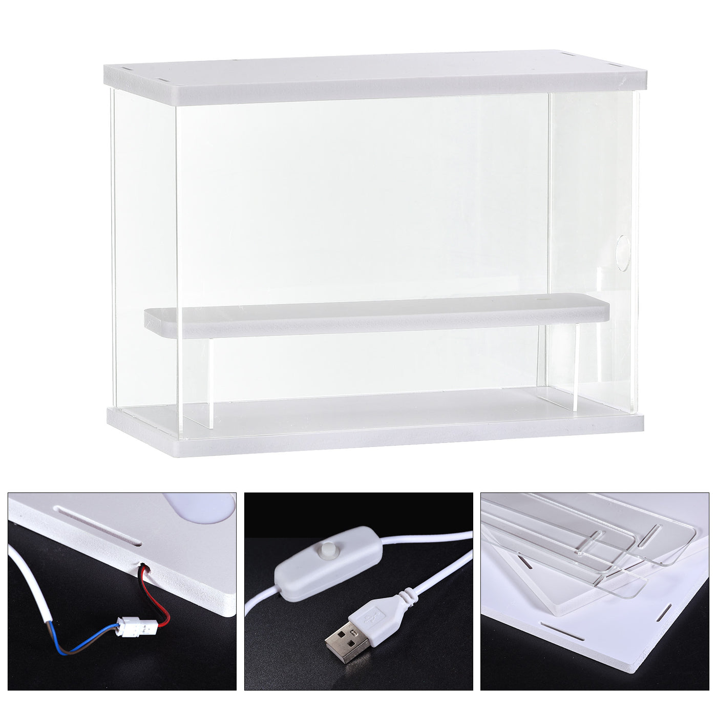 Harfington Clear Acrylic Display Case with LED Light 1 Tier Dustproof Assemble Cube Storage Boxes Stand for Collectibles, Action Figures (12.6x4.92x8.86)White