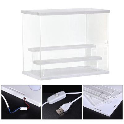 Harfington Klar Acryl Display Etui mit LED Licht 2 Tier Staubdichte Vitrine Montagewürfel Lagerboxen Stand für Sammlerstücke Aktion Figuren (12.6x7.09x10.43)Weiß