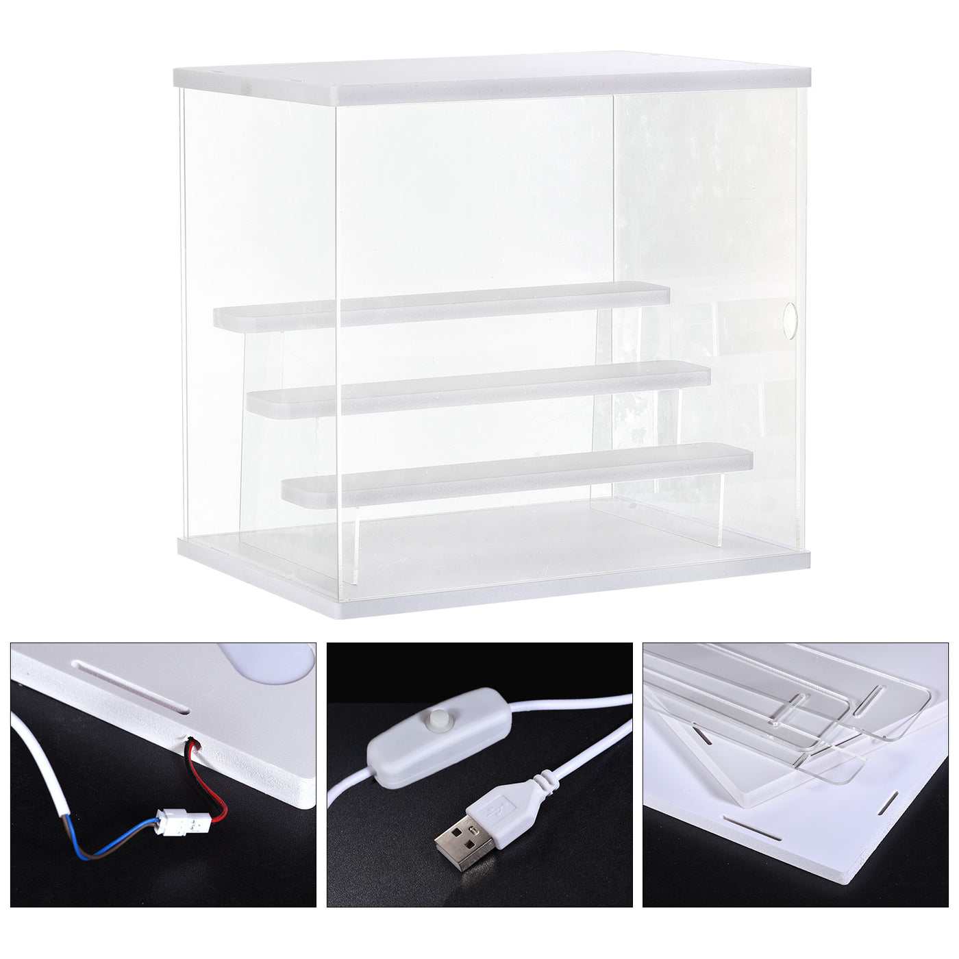 Harfington Clear Acrylic Display Case with LED Light 3 Tier Dustproof Assemble Cube Storage Boxes Stand for Collectibles, Action Figures (12.6x9.45x11.81)White