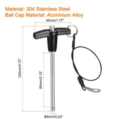 Harfington Uxcell T Handle Lock Pins, 15/64" Pin Dia. 3-5/32" Usage Length Stainless Steel Push-Button Quick Release Pin with Lanyard Cable (6mm-80mm)