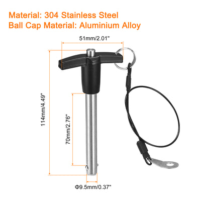 Harfington Uxcell T Griff Sicherungsstifte 3/8" Pin Durchm. 2-3/4" Verwendung Länge Edelstahl Druckschalter Schnellverschluss Stift mit Schlüsselband Kabel (9.5mm-70mm)