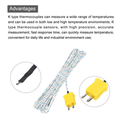 Harfington 3pcs K Type Thermocouple Mini Connector Temperature Sensor Probes Fiberglass 16ft -50 to 400°C(-58 to 752°F)