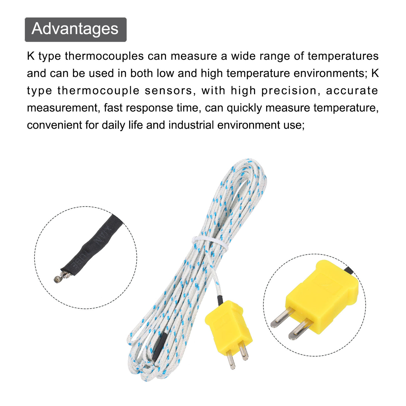 Harfington 3pcs K Type Thermocouple Mini Connector Temperature Sensor Probes Fiberglass 13ft -50 to 400°C(-58 to 752°F)