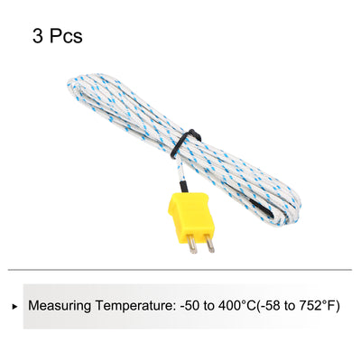 Harfington 3pcs K Type Thermocouple Mini Connector Temperature Sensor Probes Fiberglass 10ft -50 to 400°C(-58 to 752°F)