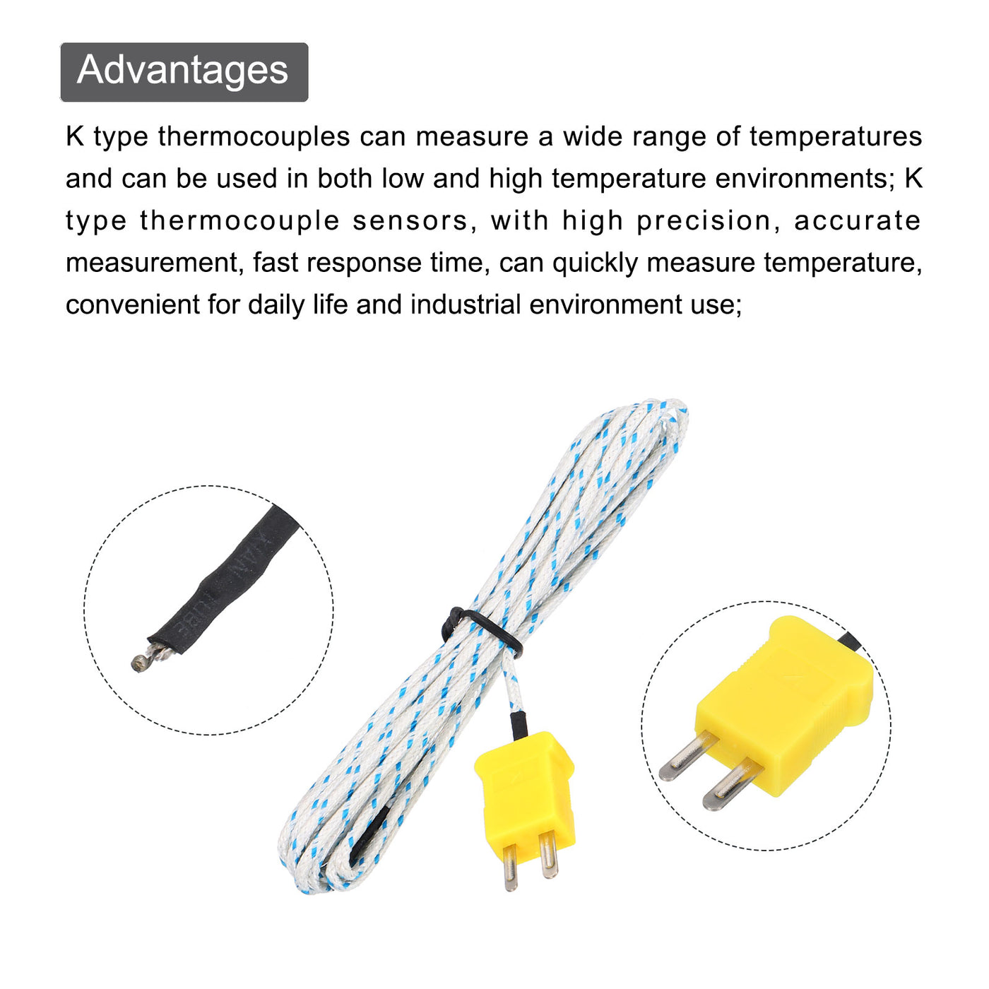 Harfington 3pcs K Type Thermocouple Mini Connector Temperature Sensor Probes Fiberglass 10ft -50 to 400°C(-58 to 752°F)