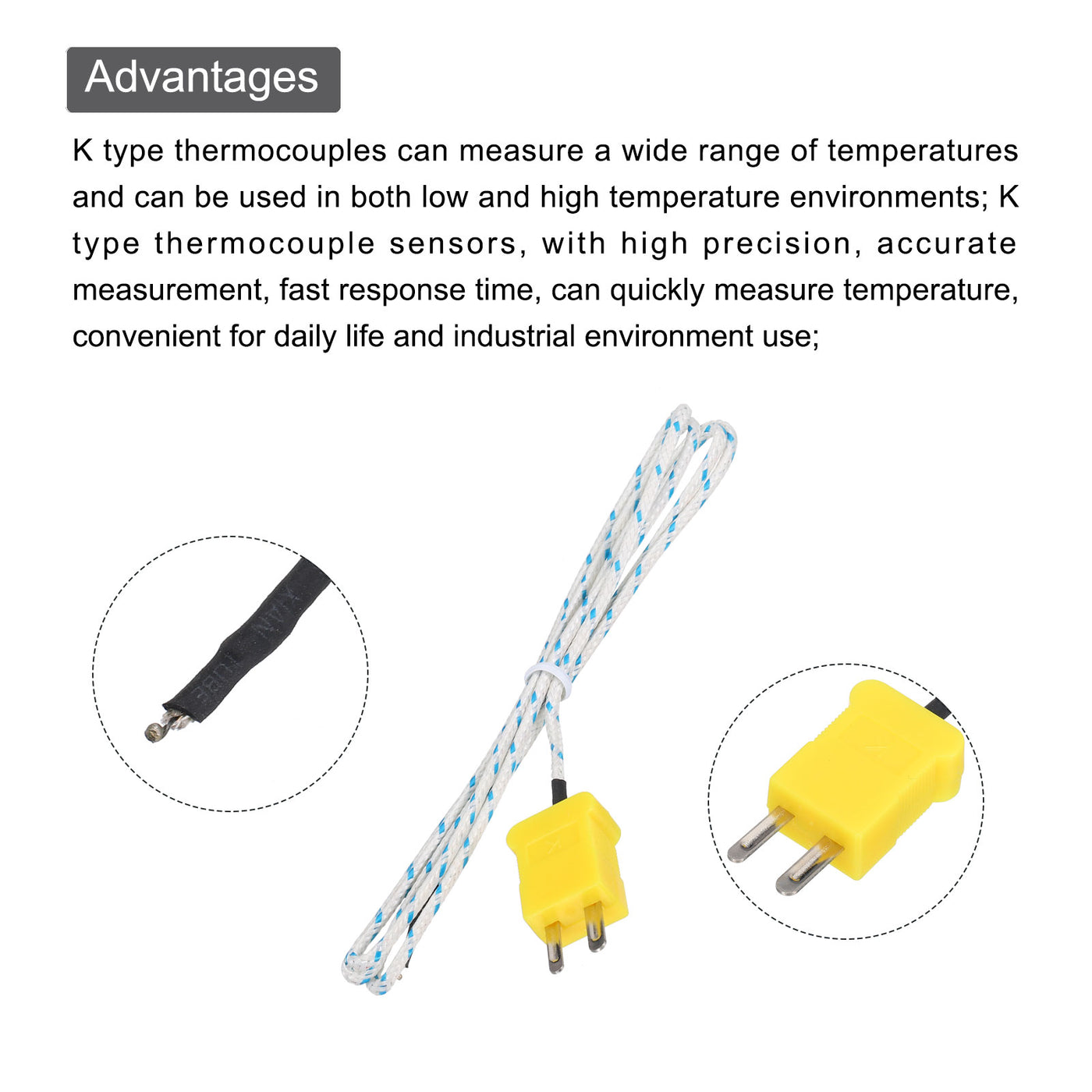 Harfington 6pcs K Type Thermocouple Mini Connector Temperature Sensor Probes Fiberglass 3.3ft -50 to 400°C(-58 to 752°F)