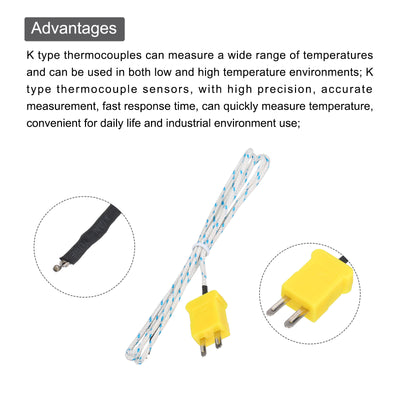 Harfington 6pcs K Type Thermocouple Mini Connector Temperature Sensor Probes Fiberglass 3.3ft -50 to 400°C(-58 to 752°F)