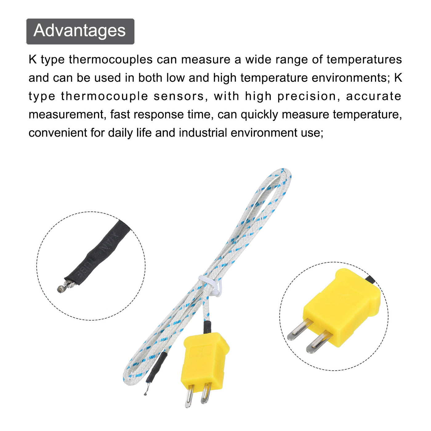 Harfington 10pcs K Type Thermocouple Mini Connector Temperature Sensor Probes Fiberglass 3.3ft -50 to 400°C(-58 to 752°F)