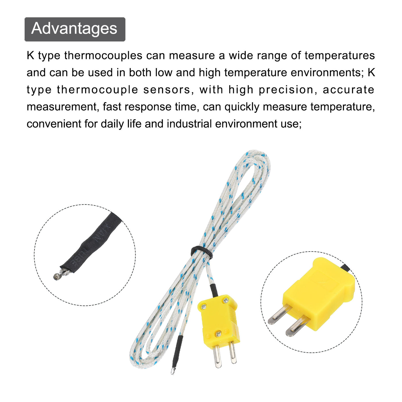 Harfington 10pcs K Type Thermocouple Mini Connector Temperature Sensor Probes Fiberglass 4ft -50 to 400°C(-58 to 752°F)