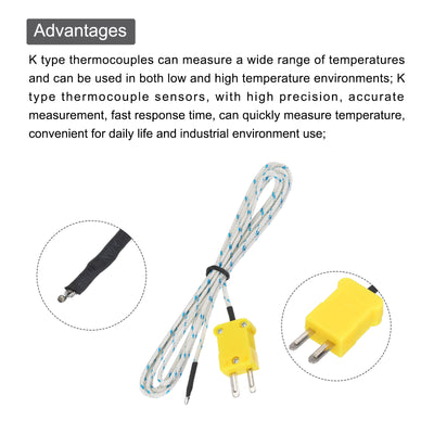 Harfington 10pcs K Type Thermocouple Mini Connector Temperature Sensor Probes Fiberglass 4ft -50 to 400°C(-58 to 752°F)