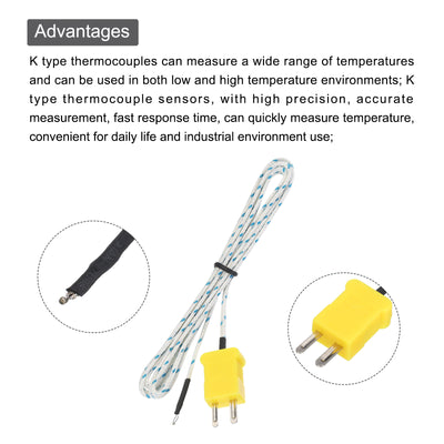 Harfington 10pcs K Type Thermocouple Mini Connector Temperature Sensor Probes Fiberglass 5ft -50 to 400°C(-58 to 752°F)