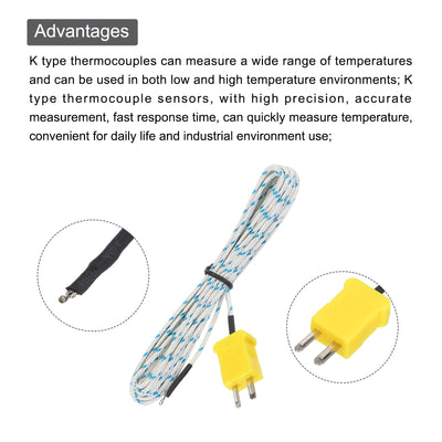 Harfington 10pcs K Type Thermocouple Mini Connector Temperature Sensor Probes Fiberglass 8ft -50 to 400°C(-58 to 752°F)