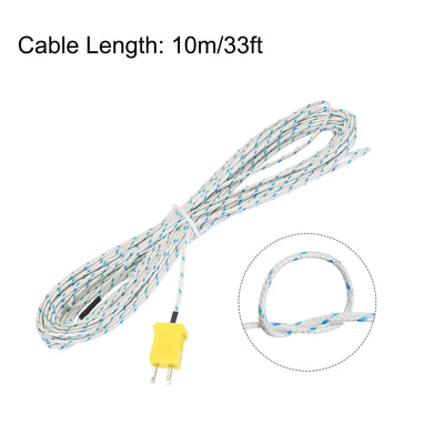 Harfington K Type Thermocouple Mini Connector Temperature Sensor Probes Fiberglass 33ft -50 to 400°C(-58 to 752°F)