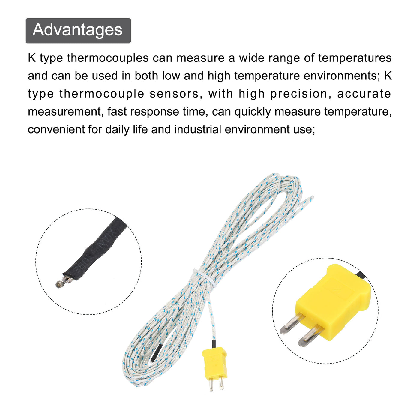 Harfington K Type Thermocouple Mini Connector Temperature Sensor Probes Fiberglass 33ft -50 to 400°C(-58 to 752°F)