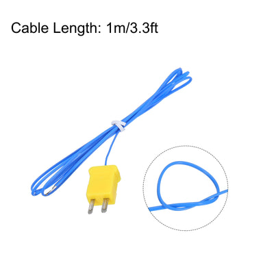 Harfington 3pcs K Type Thermocouple Mini Connector Temperature Sensor Probes PTFE 3.3ft -50 to 260°C(-58 to 500°F), Blue