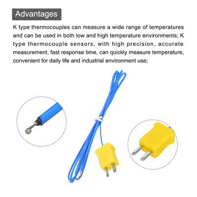 Harfington 3pcs K Type Thermocouple Mini Connector Temperature Sensor Probes PTFE 3.3ft -50 to 260°C(-58 to 500°F), Blue