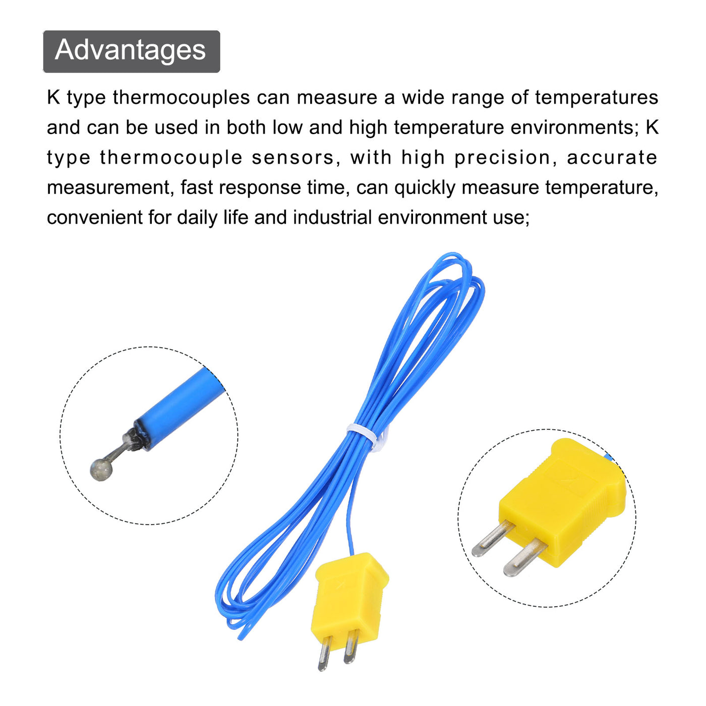 Harfington 5pcs K Type Thermocouple Mini Connector Temperature Sensor Probes PTFE 6.6ft -50 to 260°C(-58 to 500°F), Blue