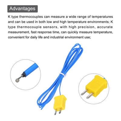 Harfington 5pcs K Type Thermocouple Mini Connector Temperature Sensor Probes PTFE 6.6ft -50 to 260°C(-58 to 500°F), Blue