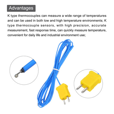 Harfington 2pcs K Type Thermocouple Mini Connector Temperature Sensor Probes PTFE 10ft -50 to 260°C(-58 to 500°F), Blue