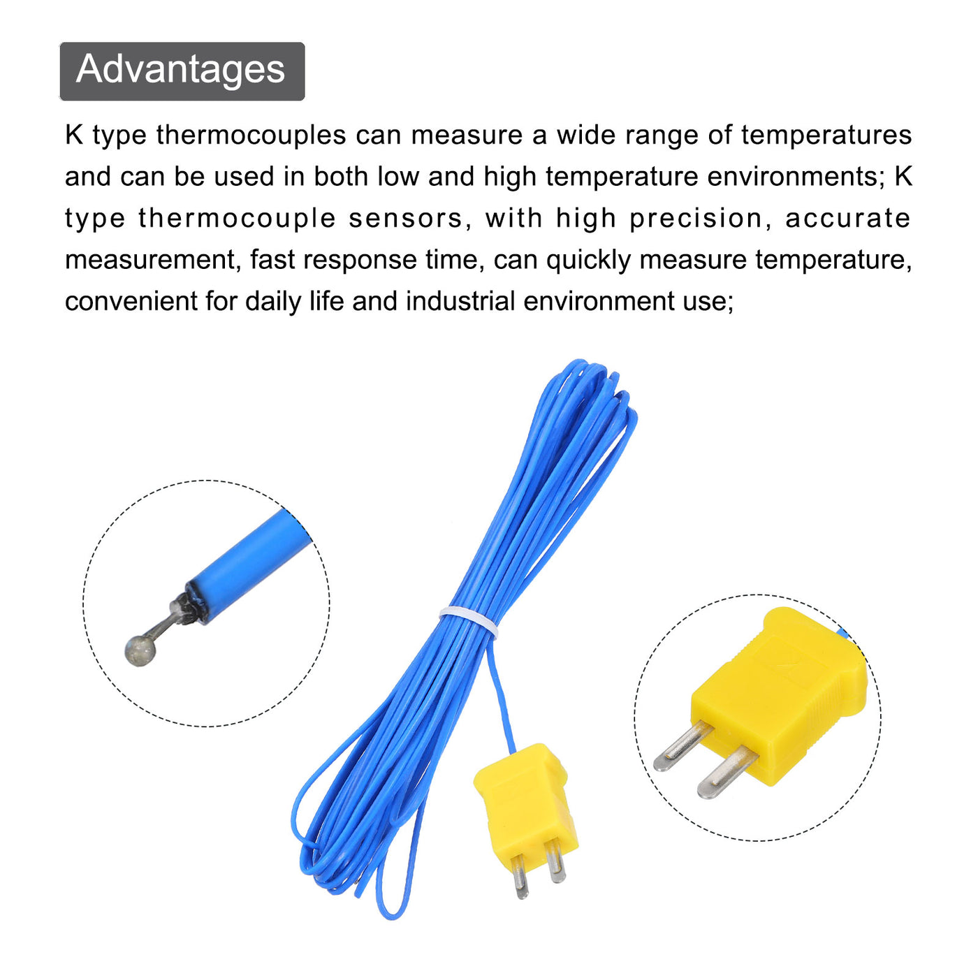 Harfington 2pcs K Type Thermocouple Mini Connector Temperature Sensor Probes PTFE 16ft -50 to 260°C(-58 to 500°F), Blue