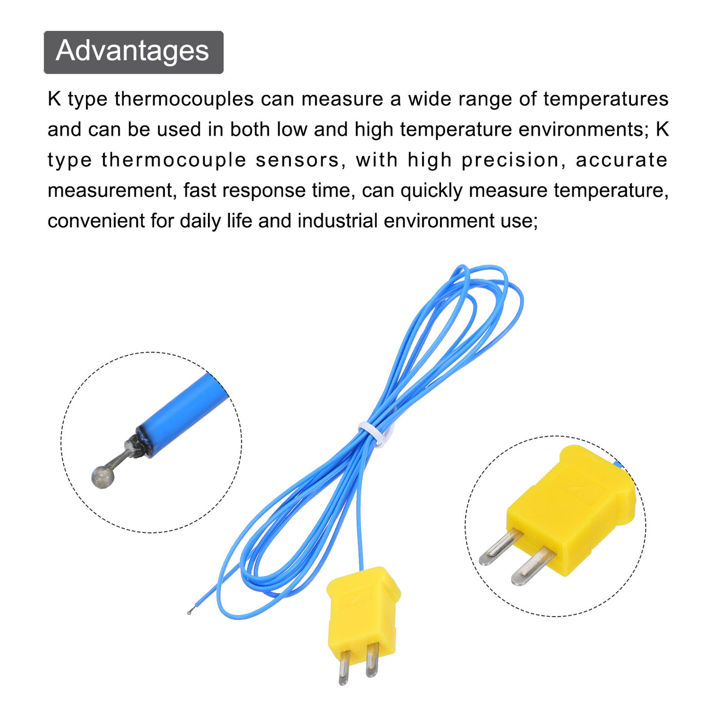 Harfington 5pcs K Type Thermocouple Mini Connector Temperature Sensor Probes PTFE 5ft -50 to 260°C(-58 to 500°F), Blue