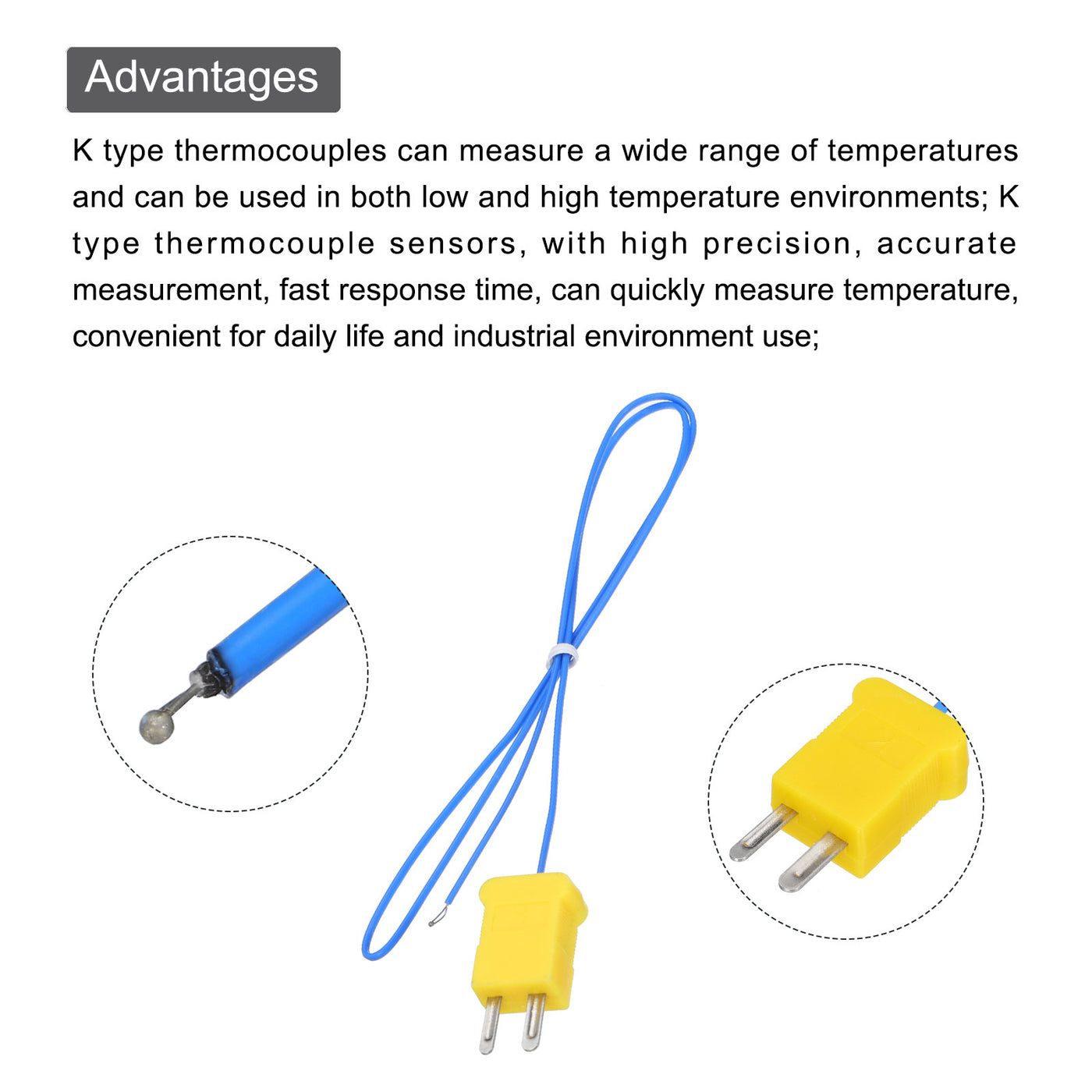 Harfington 5pcs K Type Thermocouple Mini Connector Temperature Sensor Probes PTFE 1.6ft -50 to 260°C(-58 to 500°F), Blue