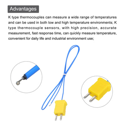 Harfington 5pcs K Type Thermocouple Mini Connector Temperature Sensor Probes PTFE 1.6ft -50 to 260°C(-58 to 500°F), Blue