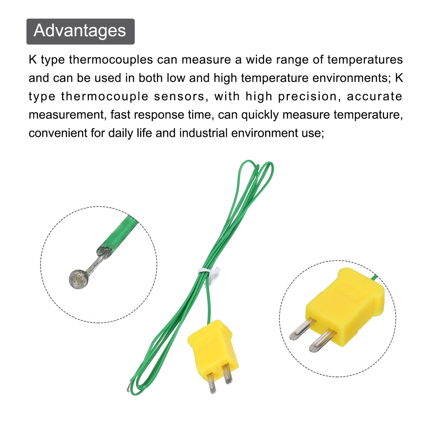 Harfington 2pcs K Type Thermocouple Mini Connector Temperature Sensor Probes PTFE 3.3ft -50 to 260°C(-58 to 500°F), Green