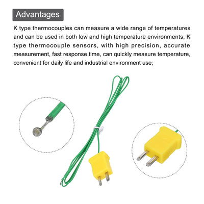 Harfington 3pcs K Type Thermocouple Mini Connector Temperature Sensor Probes PTFE 3.3ft -50 to 260°C(-58 to 500°F), Green