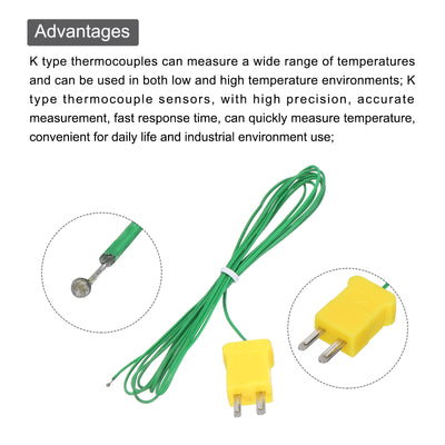 Harfington 2pcs K Type Thermocouple Mini Connector Temperature Sensor Probes PTFE 6.6ft -50 to 260°C(-58 to 500°F), Green