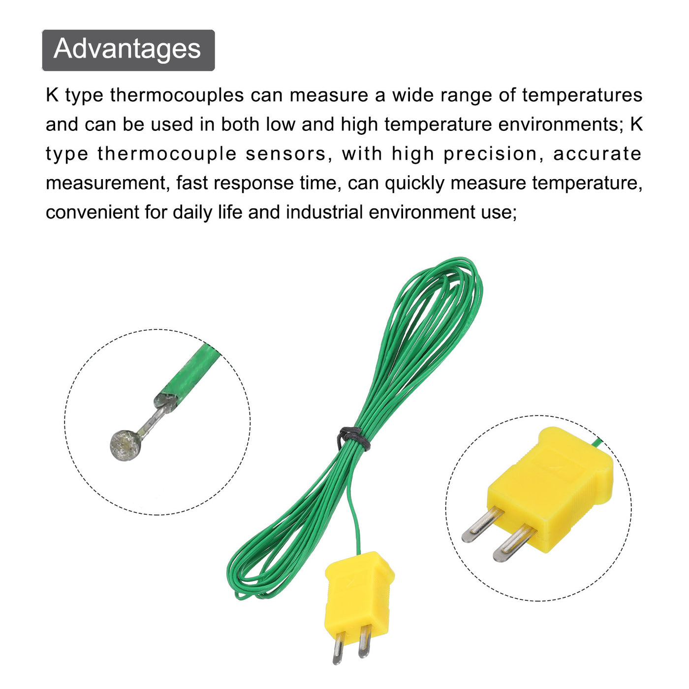 Harfington 3pcs K Type Thermocouple Mini Connector Temperature Sensor Probes PTFE 10ft -50 to 260°C(-58 to 500°F), Green