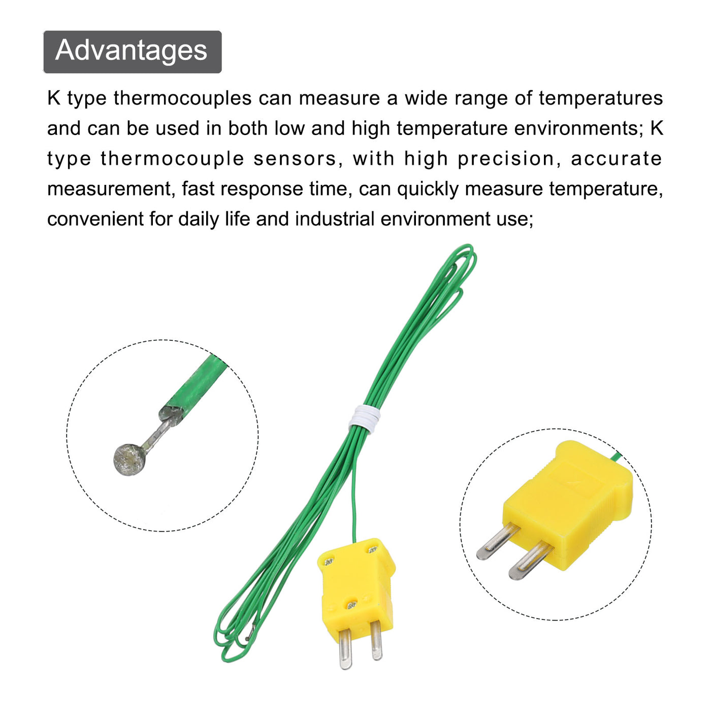 Harfington 5pcs K Type Thermocouple Mini Connector Temperature Sensor Probes PTFE 5ft -50 to 260°C(-58 to 500°F), Green