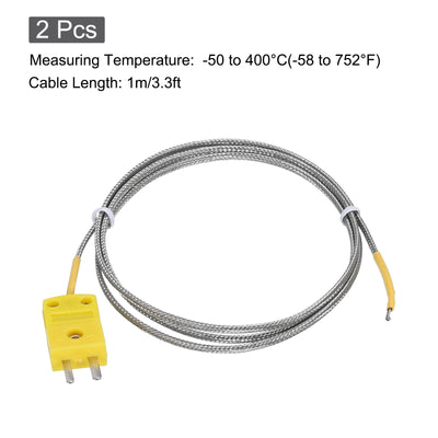 Harfington 2pcs K Type Thermocouple Mini Connector Temperature Sensor Probes Metal Shielded Wire 3.3ft -50 to 400°C(-58 to 752°F)