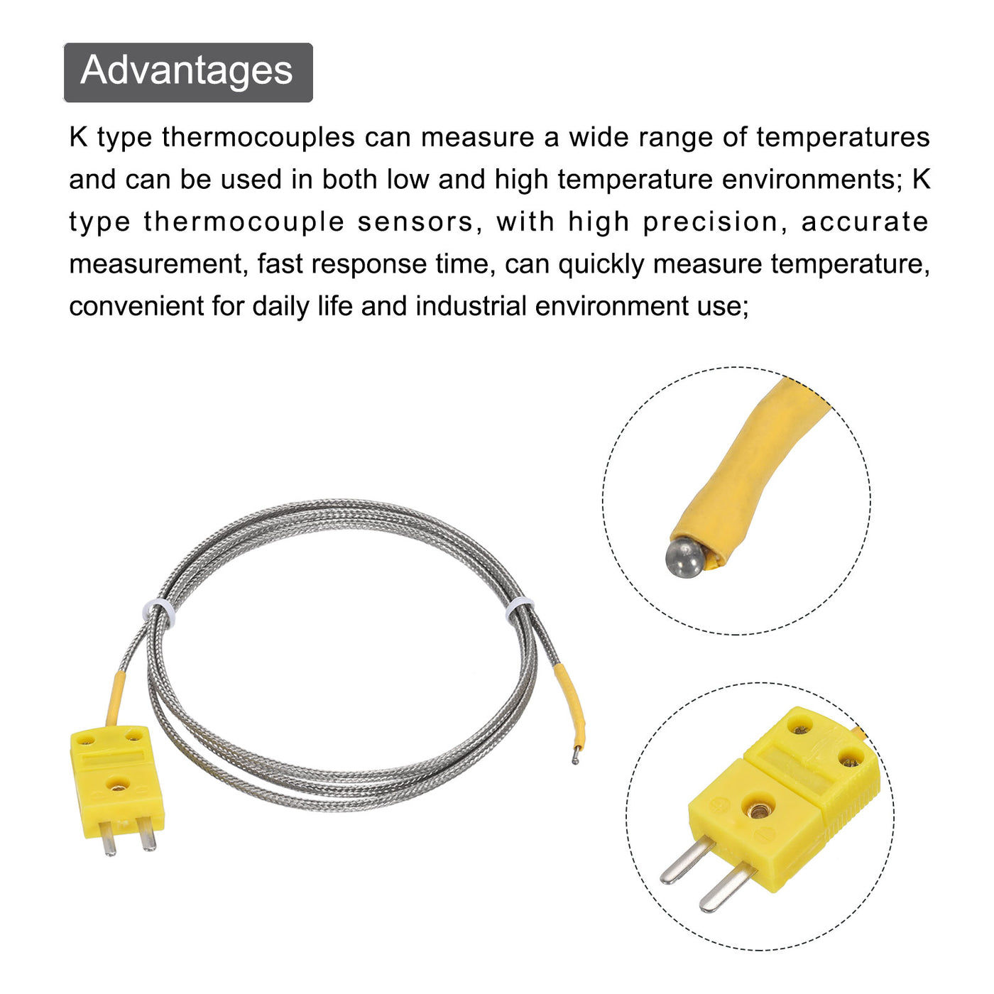 Harfington 2pcs K Type Thermocouple Mini Connector Temperature Sensor Probes Metal Shielded Wire 3.3ft -50 to 400°C(-58 to 752°F)