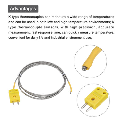 Harfington 2pcs K Type Thermocouple Mini Connector Temperature Sensor Probes Metal Shielded Wire 3.3ft -50 to 400°C(-58 to 752°F)