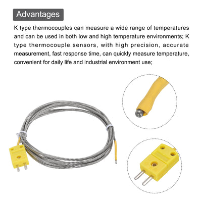 Harfington K Type Thermocouple Mini Connector Temperature Sensor Probes Metal Shielded Wire 6.6ft -50 to 400°C(-58 to 752°F)