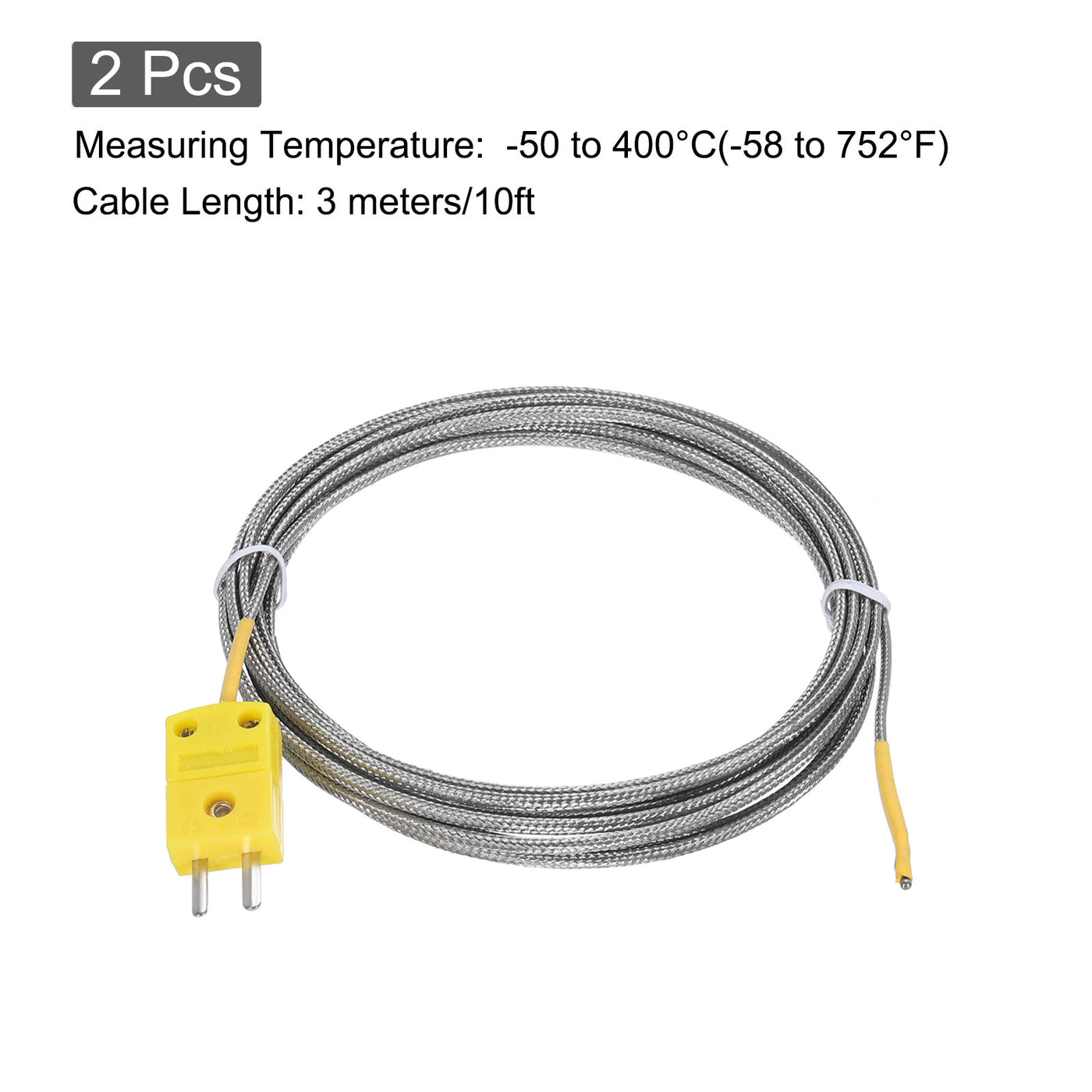 Harfington 2pcs K Type Thermocouple Mini Connector Temperature Sensor Probes Metal Shielded Wire 10ft -50 to 400°C(-58 to 752°F)