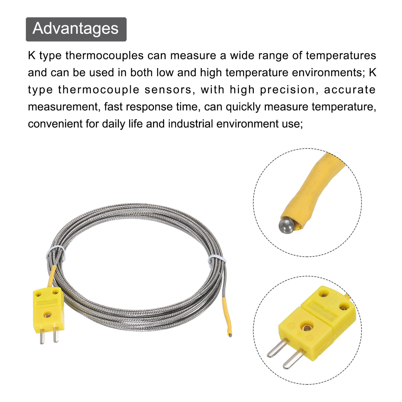 Harfington 2pcs K Type Thermocouple Mini Connector Temperature Sensor Probes Metal Shielded Wire 10ft -50 to 400°C(-58 to 752°F)