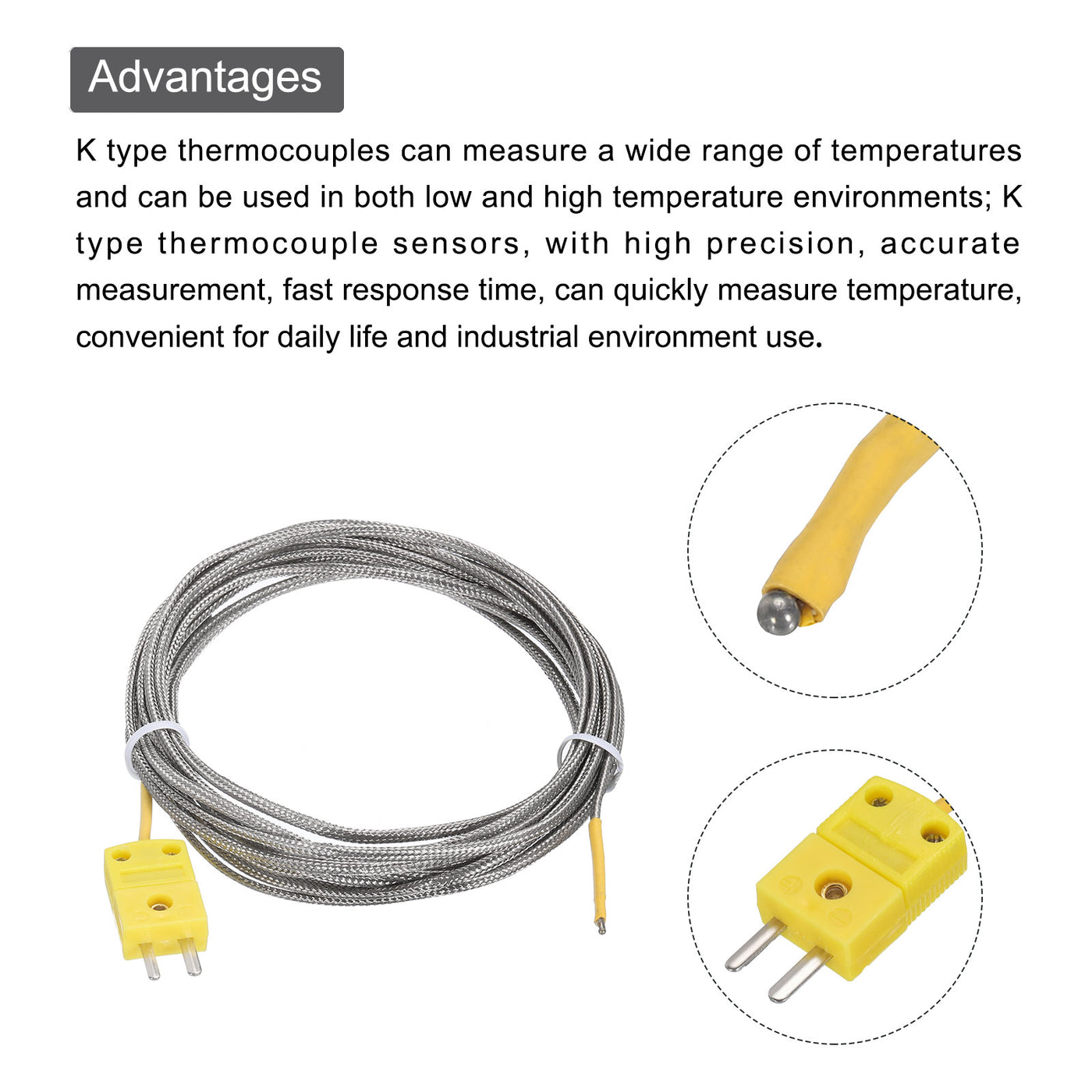 Harfington 2pcs K Type Thermocouple Mini Connector Temperature Sensor Probes Metal Shielded Wire 13ft -50 to 400°C(-58 to 752°F)