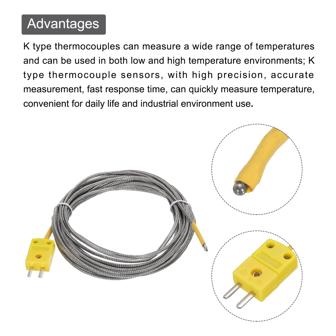 Harfington K Typ Thermoelement Mini Steckverbinder Temperaturfühler Sonden Metall Abgeschirmt Draht 16ft -50 bis 400°C(-58 bis 752°F)