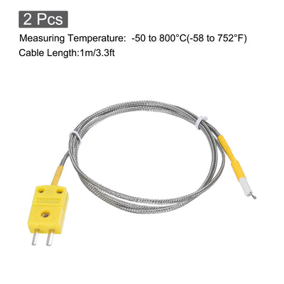 Harfington 2pcs K Type Thermocouple Mini Connector Temperature Sensor Probes Metal Shielded Wire 3.3ft -50 to 800°C(-58 to 1472°F)