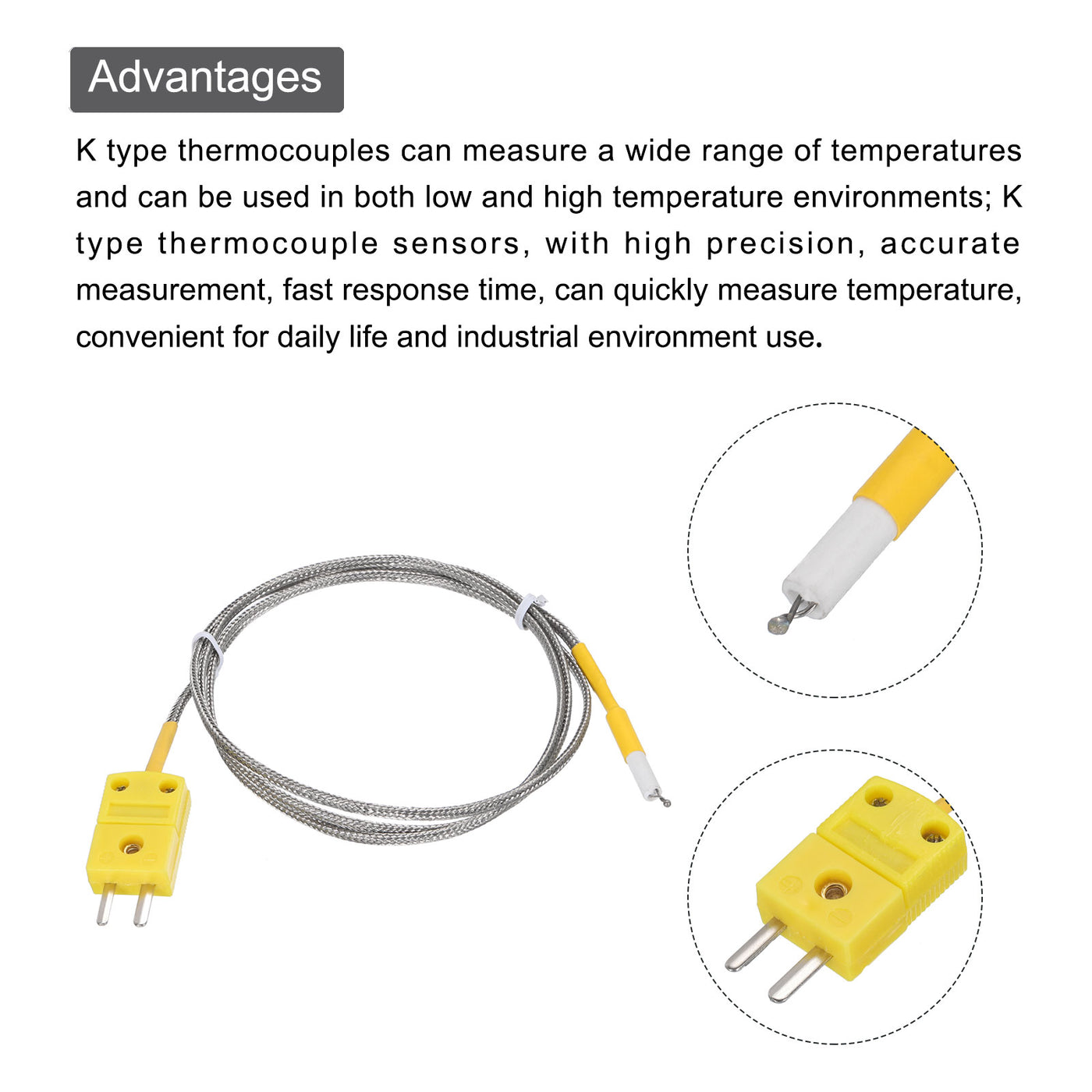 Harfington 2pcs K Type Thermocouple Mini Connector Temperature Sensor Probes Metal Shielded Wire 3.3ft -50 to 800°C(-58 to 1472°F)