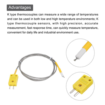 Harfington 2pcs K Type Thermocouple Mini Connector Temperature Sensor Probes Metal Shielded Wire 3.3ft -50 to 800°C(-58 to 1472°F)