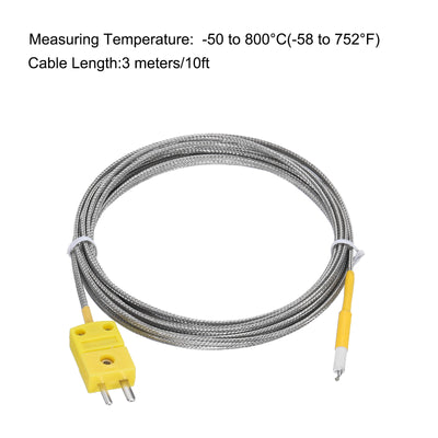 Harfington K Type Thermocouple Mini Connector Temperature Sensor Probes Metal Shielded Wire 10ft -50 to 800°C(-58 to 1472°F)