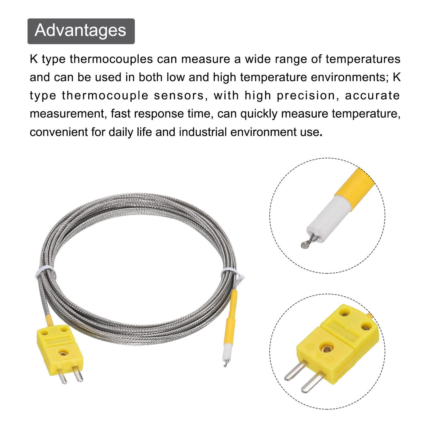 Harfington K Type Thermocouple Mini Connector Temperature Sensor Probes Metal Shielded Wire 10ft -50 to 800°C(-58 to 1472°F)