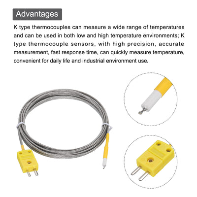 Harfington K Type Thermocouple Mini Connector Temperature Sensor Probes Metal Shielded Wire 10ft -50 to 800°C(-58 to 1472°F)