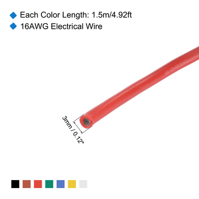 Harfington 16 Gauge Silicone Wire 16AWG Electrical Wire Stranded Wire Flexible Tinned Copper Wire High Temp Hookup Wire 7 Color 1.5m/4.92ft 7pcs