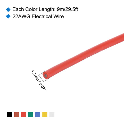 Harfington 22 Gauge Silicone Wire 22AWG Electrical Wire Stranded Wire Flexible Tinned Copper Wire High Temp Hookup Wire Spool 7 Color 9m/29.5ft 7pcs